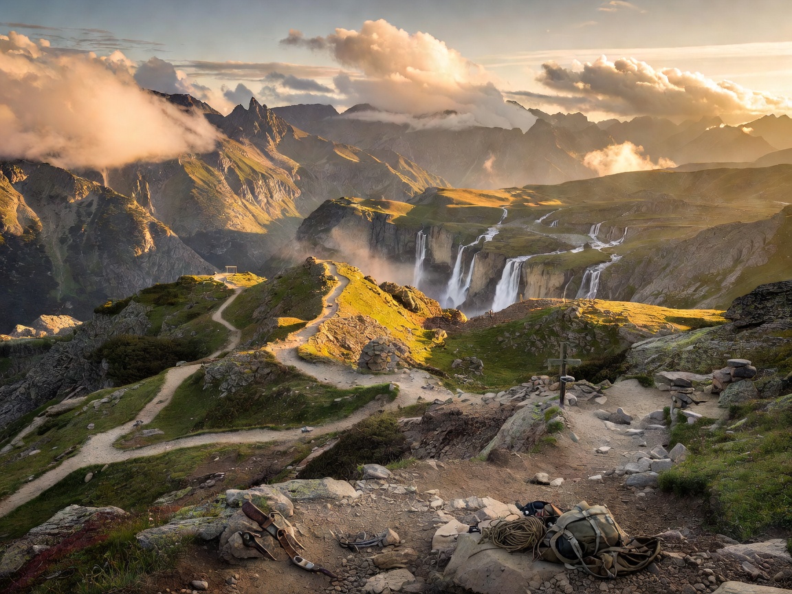 A vast cinematic adventure landscape seen from a remote elevated trail, dramatic mountain ridges crossing the horizon, winding expedition path through rugged terrain, distant waterfalls, atmospheric clouds, warm late-afternoon sunlight, subtle navigation markers, weathered expedition equipment near the foreground.