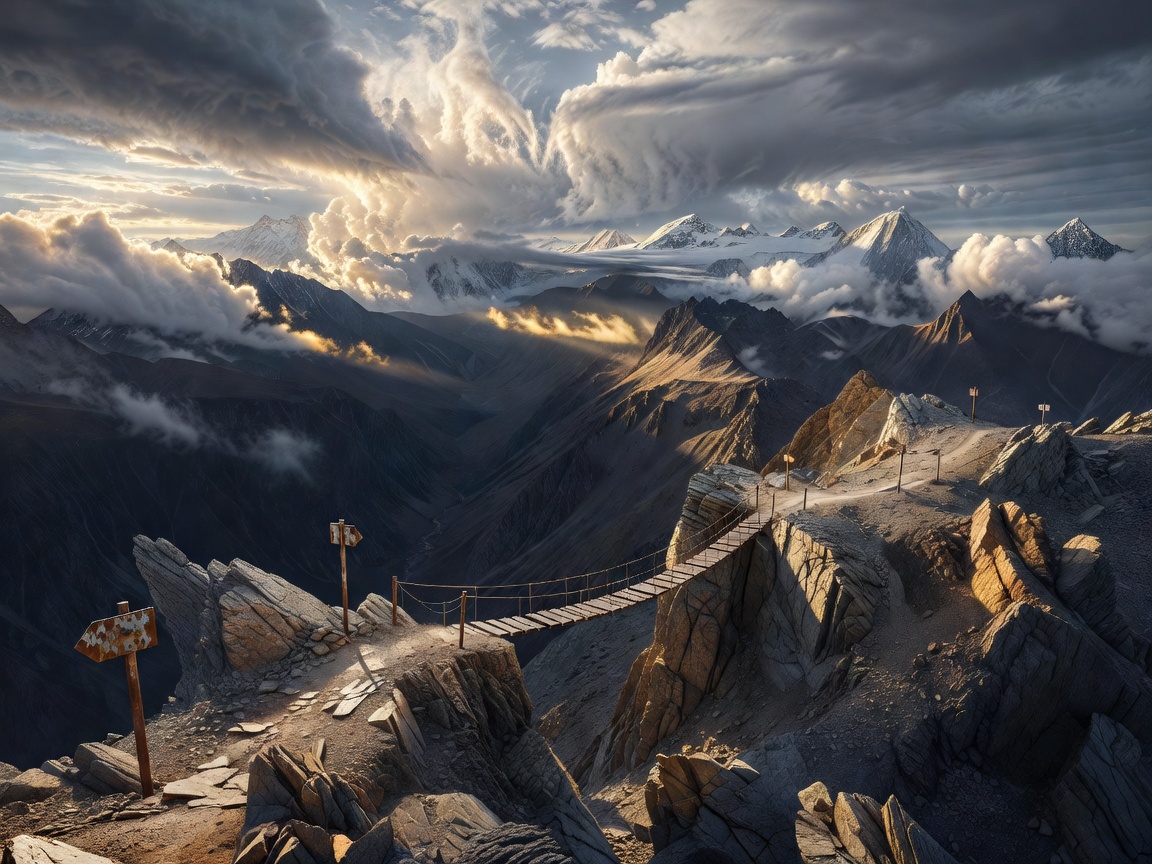 A breathtaking high-altitude expedition route crossing dramatic rocky ridges, suspended trail bridge, distant snow-capped peaks, deep valleys, weathered route markers, changing cloud formations, sophisticated cinematic lighting, premium illustrated adventure environment.