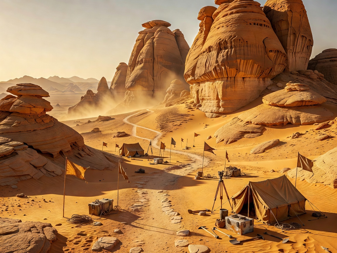An immense ochre desert expedition landscape with monumental sandstone formations, narrow ancient pathways, distant mountain silhouettes, subtle expedition flags, rugged field equipment, long dramatic shadows, atmospheric dust in sunlight.